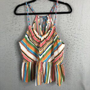 Red Camel Top Womens Large Rainbow Stripes Halter Babydoll Y2K Retro Summer